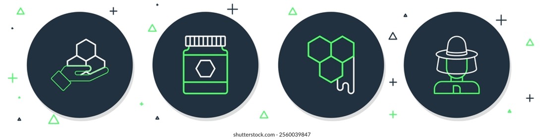 Set line Jar of honey, Honeycomb, and hand and Beekeeper with protect hat icon. Vector