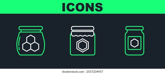 Set line Jar of honey,  and  icon. Vector