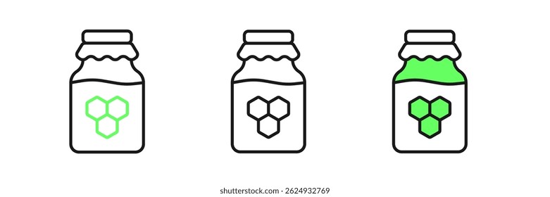 Set line Jar of honey icon isolated on white background. Food bank. Sweet natural food symbol.  Vector