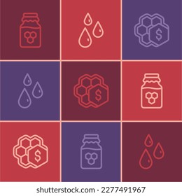 Set line Jar of honey, Sale honeycomb and Drops icon. Vector
