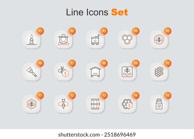 Set line Tarro de miel, Venta panal, Barril de madera con abeja, y, panal, tipo abeja y colmena para abejas icono. Vector