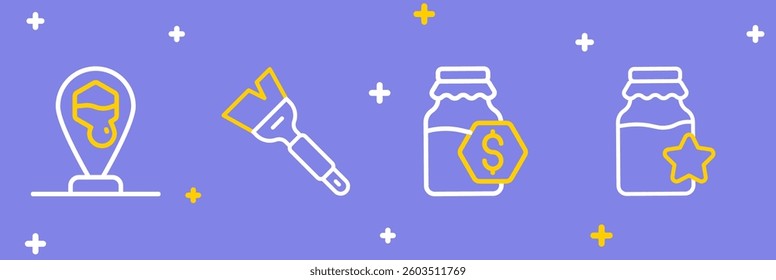 Set line Jar of honey, Sale in jar, Beekeeping brush and Honeycomb bee location icon. Vector