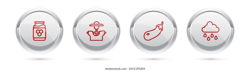 Set line Jar of honey, Scarecrow, Eggplant and Cloud with rain. Silver circle button. Vector
