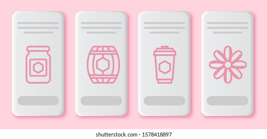 Set line Jar of honey, Wooden barrel with honey, Cup of tea with honey and Flower. White rectangle button. Vector