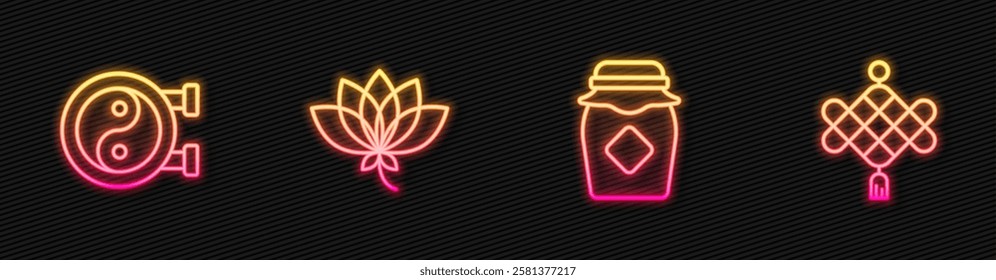 Set line Jar of honey, Yin Yang symbol, Lotus flower and Chinese paper lantern. Glowing neon icon. Vector