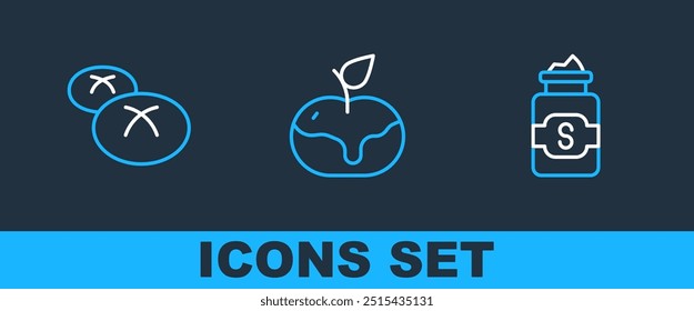 Set line Jar of sugar, Bread loaf and Apple in caramel icon. Vector