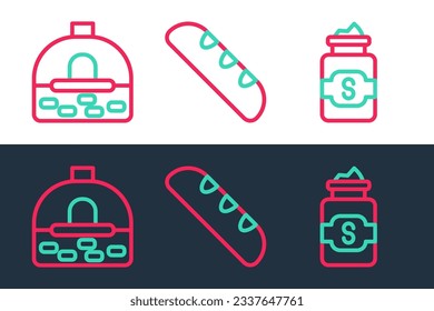 Set line Jar of sugar, Brick stove and French baguette bread icon. Vector