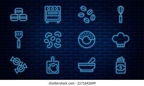 Set line Jar of sugar, Chef hat, Coffee beans, Jelly candy, Spatula, Macaron cookie, Donut and Oven icon. Vector