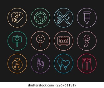 Set line Jeans wide, Psilocybin mushroom, No war, Smile face, Peace, Love peace, Retro audio cassette tape and Yin Yang symbol icon. Vector