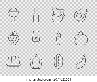 Set line Jelly cake, Eggplant, Jug glass with milk, Bell pepper, Ice cream in the bowl, Hotdog and Tomato icon. Vector