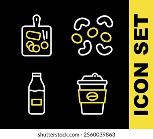 Set line Jelly candy, Coffee cup to go, Bottle with milk and Cutting board icon. Vector