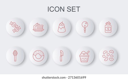 Set line Jelly candy, Honey dipper stick, Pudding custard, Ice cream bowl, Candy, Piece of cake, Donut and Knife icon. Vector