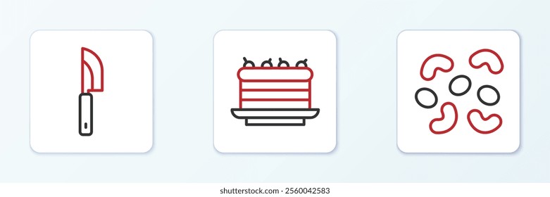 Set line Jelly candy, Knife and Cake icon. Vector