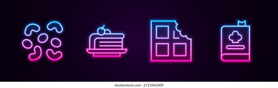 Set line Jelly candy, Piece of cake, Chocolate bar and Cookbook. Glowing neon icon. Vector