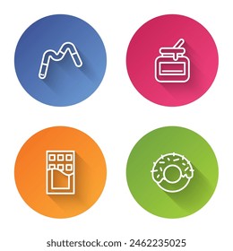 Set line Jelly worms candy, Jar of honey, Chocolate bar and Donut. Color circle button. Vector