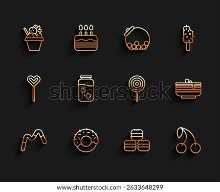 Set line Jelly worms candy, Donut, Ice cream in bowl, Macaron cookie, Cherry, Strawberry jam jar, Stack of pancakes and Lollipop icon. Vector
