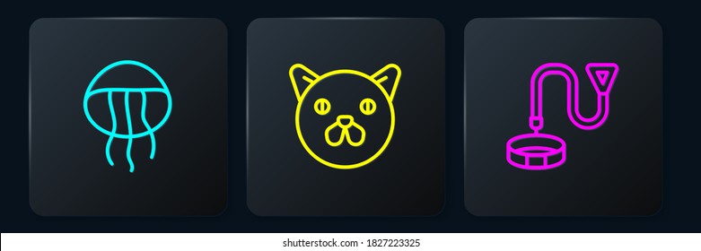 Set line Jellyfish, Collar with name tag and Cat. Black square button. Vector