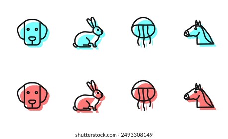 Set line Jellyfish, Dog, Rabbit and Horse head icon. Vector