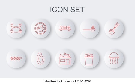 Set line Jellyfish, Grilled steak, Sushi on cutting board, Fishing bucket with fishes, Crab, Puffer plate, Mussel and Seafood store icon. Vector
