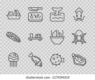 Set line Jellyfish, Mussel, Whale tail in ocean wave, Fish, Fishing boat, Sushi on cutting board, hedgehog and Octopus icon. Vector
