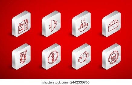 Set line Jellyfish on a plate, Fish, Puffer soup, Sushi, Seafood store, Octopus and Lobster icon. Vector