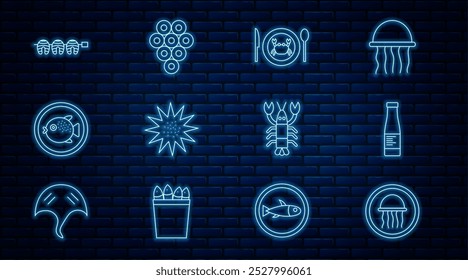 Set line Jellyfish on a plate, Sauce bottle, Served crab, Sea urchin, Puffer, Grilled steak, Lobster and Caviar icon. Vector