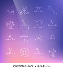 Set line Jellyfish, Sailor captain, Cruise ship, Lighthouse, Seagull sits on buoy, Ship steering wheel, Smoking pipe and Pirate treasure map icon. Vector