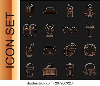 Set line Jellyfish, Sun, Lollipop, Sunscreen spray bottle, Map pointer with star, Flip flops, Ice cream and Glasses icon. Vector