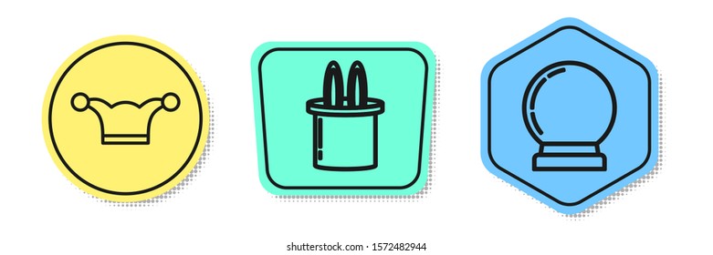 Set line Jester hat with bells, Magician hat and rabbit ears and Magic ball. Colored shapes. Vector