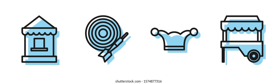 Set line Jester hat with bells, Ticket box office, Classic dart board and arrow and Fast street food cart with awning icon. Vector