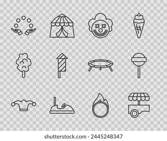 Set line Jester hat with bells, Fast street food cart, Clown head, Bumper, Juggling ball, Firework rocket, Circus fire hoop and Lollipop icon. Vector