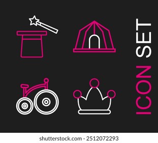 Set line Jester hat with bells, Vintage bicycle, Circus tent and Magic and wand icon. Vector