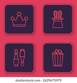 Set line Jester hat with bells, Bowling pin, Magician and rabbit ears and Popcorn box. Blue square button. Vector