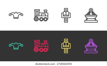 Set línea sombrero de bufón con campanas, tren de juguete, carrusel de la atracción y oscilación del barco en blanco y negro. Vector
