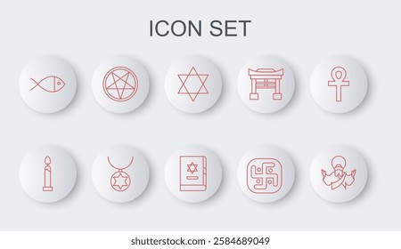 Set line Jesus Christ, Burning candle, Star of David, Jainism, Christian fish, Pentagram circle, necklace on chain and Jewish torah book icon. Vector