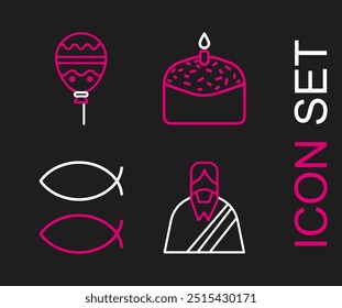 Set line Jesus Christ, Christian fish, Easter cake and candle and Balloons with ribbon icon. Vector