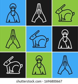Set line Jesus Christ, Easter rabbit and Hands in praying position icon. Vector