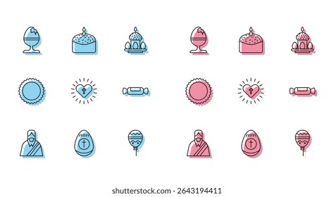 Set line Jesus Christ, Easter egg, Chicken on stand, Balloons with ribbon, Christian cross heart, Candy, Sun and cake candle icon. Vector