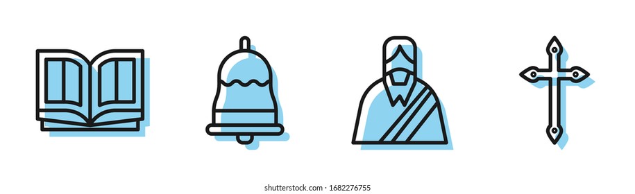 Set line Jesus Christ, Holy bible book, Ringing bell and Christian cross icon. Vector