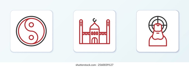 Set line Jesus Christ, Yin Yang and Muslim Mosque icon. Vector