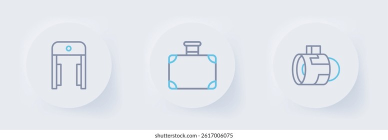 Set line Jet engine turbine, Suitcase and Metal detector airport icon. Vector