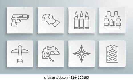 Fijar línea de caza Jet, máscara de gas, casco militar, ninja shuriken japonés, Chevron, Bullet, chaleco a prueba de balas e ícono de Pistol o pistola. Vector