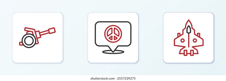 Set line Jet fighter, Howitzer and Location peace icon. Vector