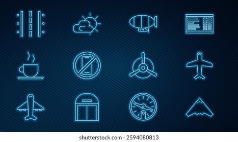 Set line Jet fighter, Plane, Airship, No cell phone, Coffee cup, Airport runway, propeller and Sun and cloud weather icon. Vector