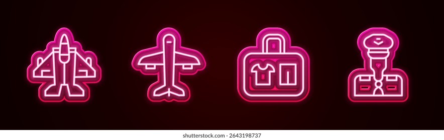 Set line Jet fighter, Plane, Suitcase and Pilot. Glowing neon icon. Vector