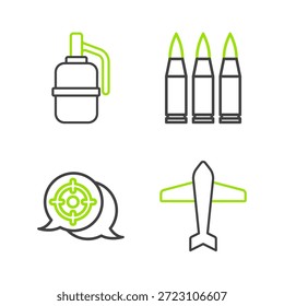 Set line Jet fighter, Target sport, Bullet and Hand grenade icon. Vector