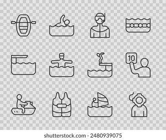 Set line Jet ski, Aqualung, Wetsuit for scuba diving, Life jacket, Boat with oars, Water gymnastics, Windsurfing and Assessment of judges icon. Vector