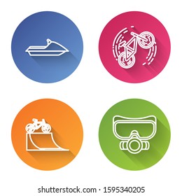 Set line Jet ski, Bicycle trick, Bicycle on street ramp and Diving mask. Color circle button. Vector