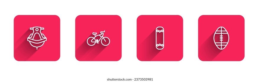 Set line Jet ski, Bicycle, Skateboard trick and Rugby ball with long shadow. Red square button. Vector