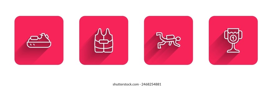 Set line Jet ski, Life jacket, Scuba diver and Award cup with long shadow. Red square button. Vector